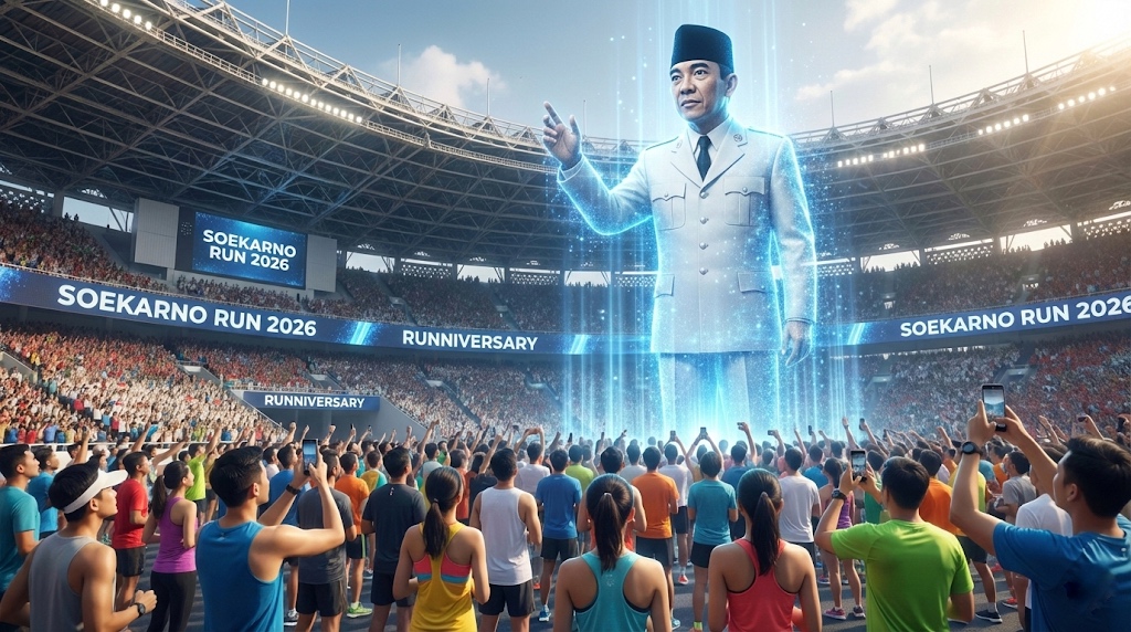 Merinding! Bung Karno 'Hidup Lagi' di GBK, Teknologi AI Hologram Sapa Ribuan Pelari Soekarno Run 2026